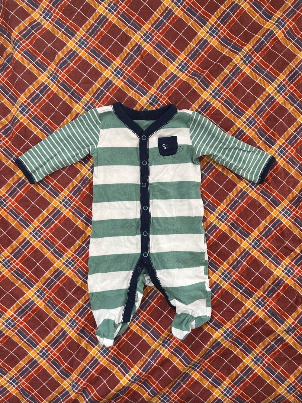 Carter's Green & White Striped Footie with Navy Trim